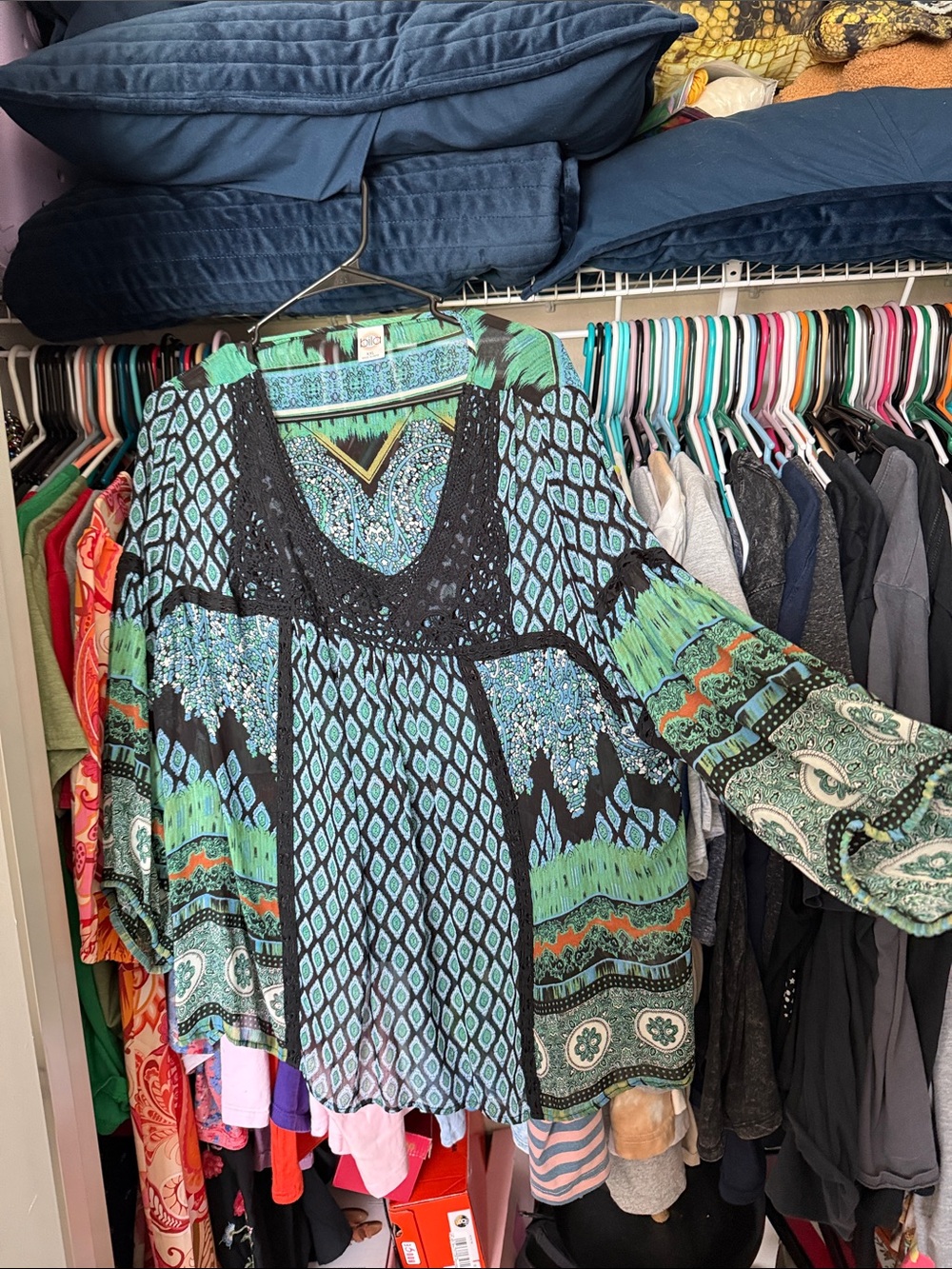 Bila Green and Teal Patterned Boho Peasant Top
